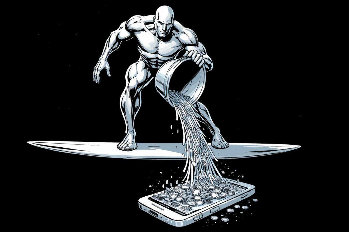 The Silver Surfer pouring silver into a phone wallet