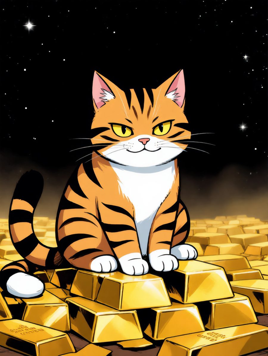 A smug cat sitting on gold bars